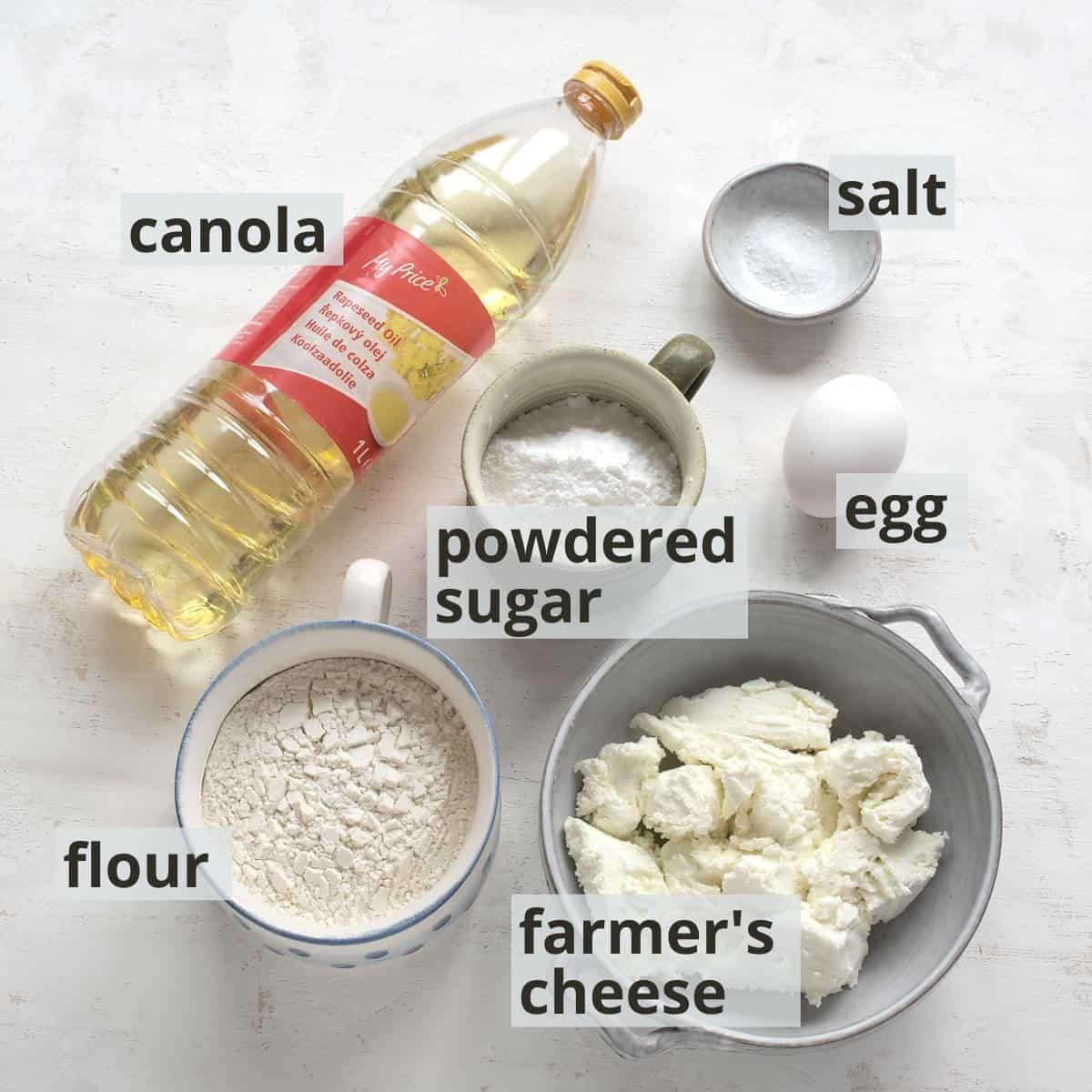 Labeled ingredients for Czech farmers cheese pancakes.