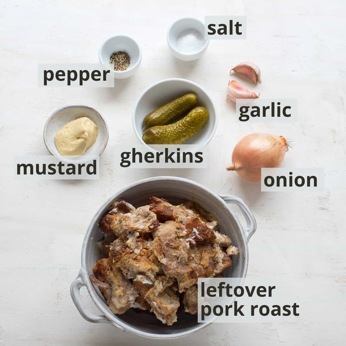 Labeled ingredients for Czech leftover pork roast spread.