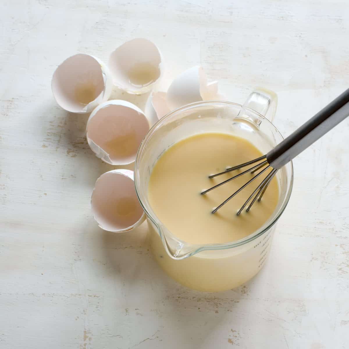 Eggy mixture whipped up from milk, cream and eggs.