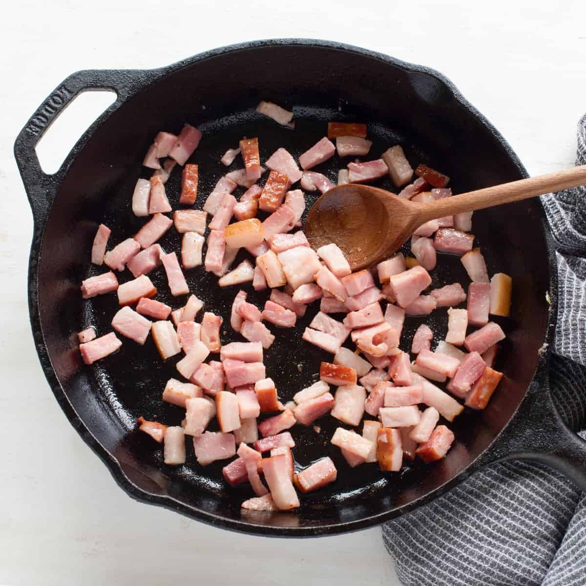Fried cubed ham, in a skillet.