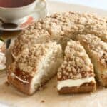 Prague Cake (Kolach), sliced, placed on a baking sheet.