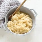Czech apple horseradish called vejmrda. In a gray bowl.
