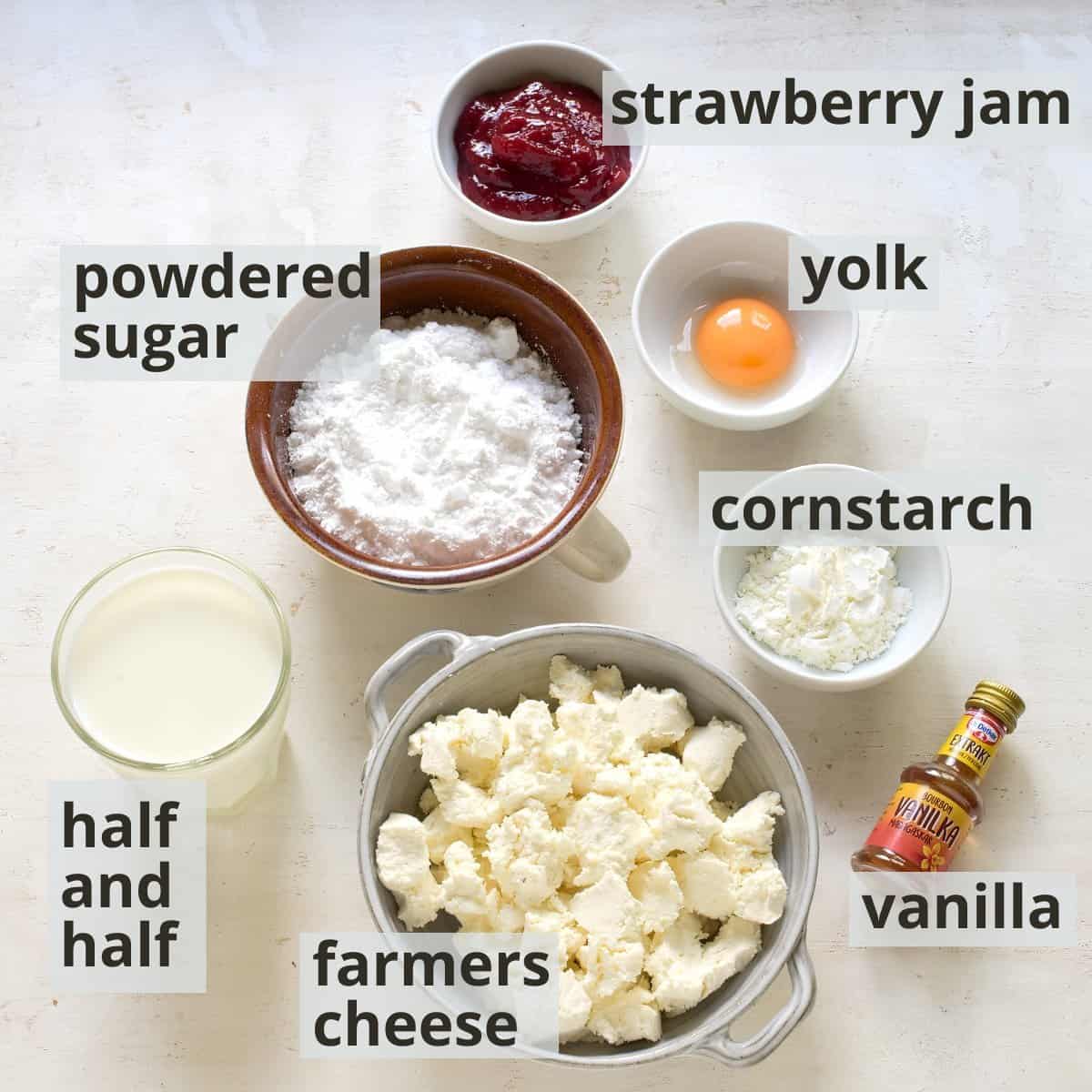 Labeled ingredients for farmers cheese pudding filling.