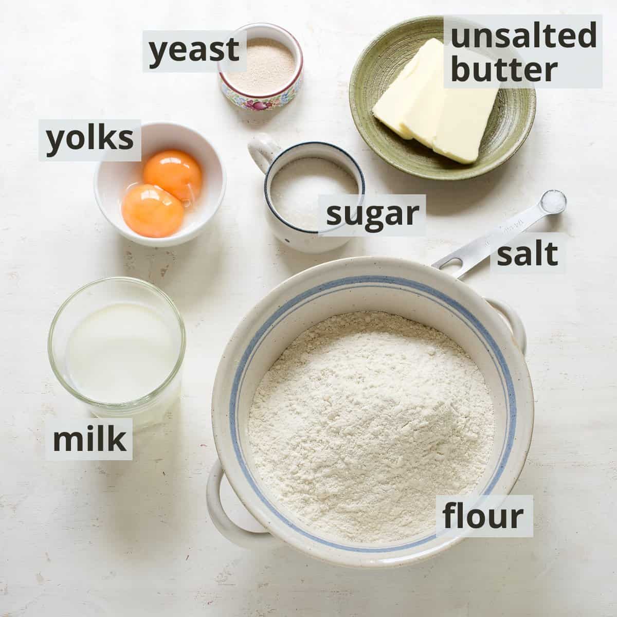 Labeled ingredients for yeast dough.