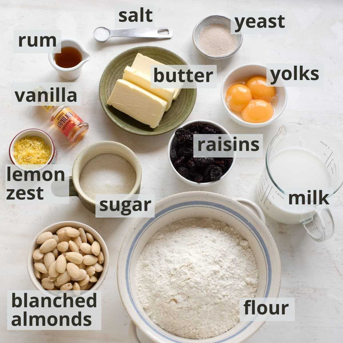 Labeled ingredients for Czech vánočka.