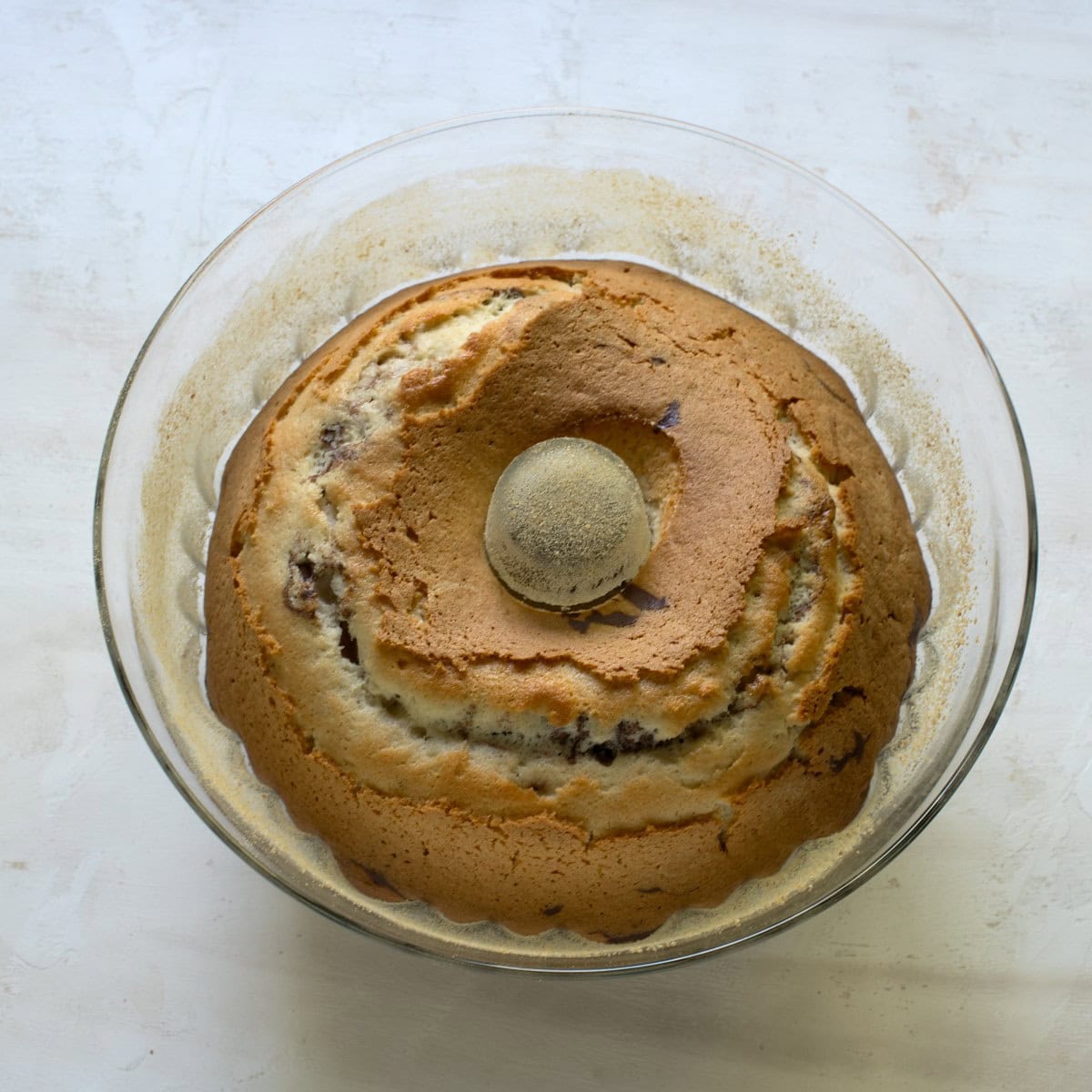 Baked babovka cake, still in a glass pan.