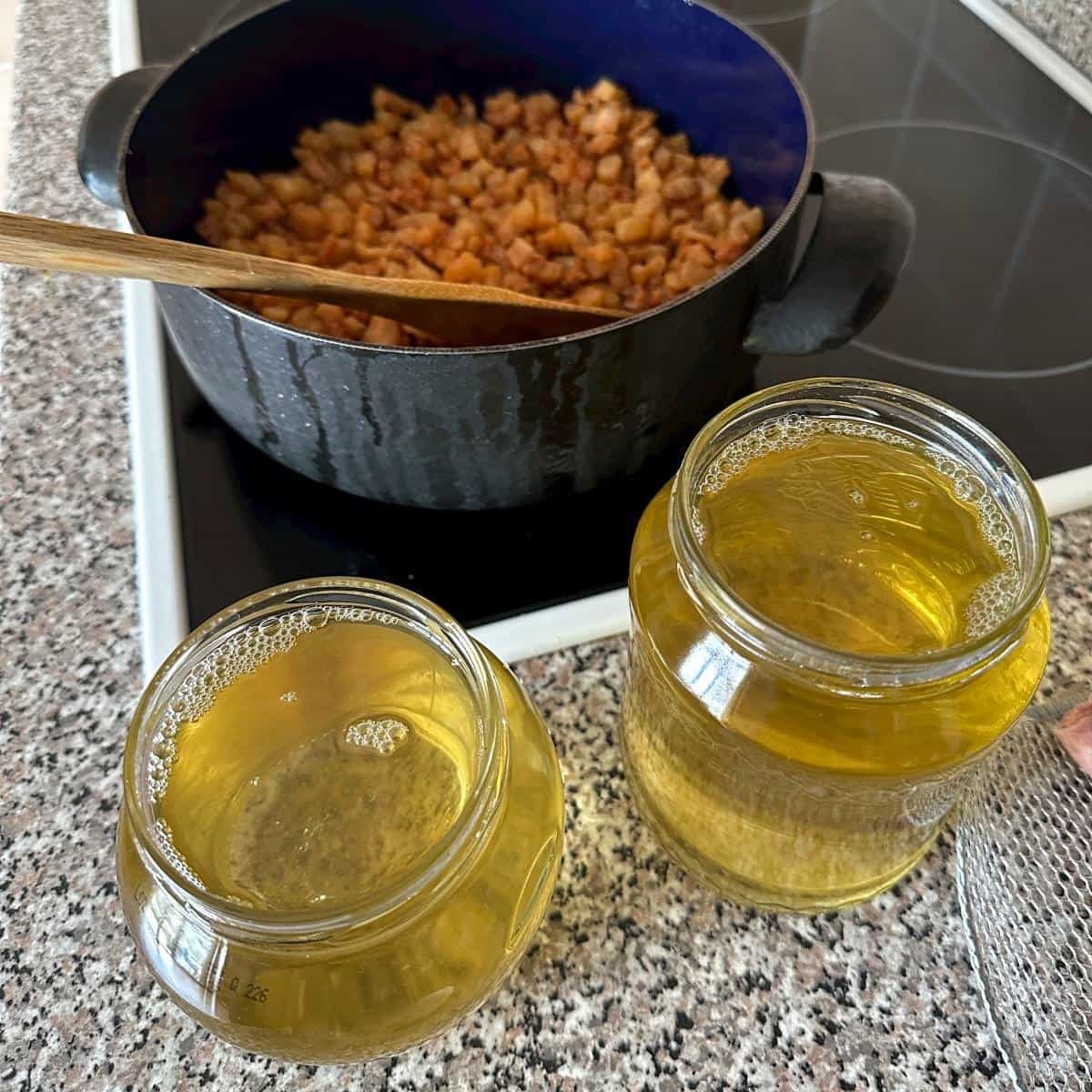 Finished product - liquid lard and cracklings behind.