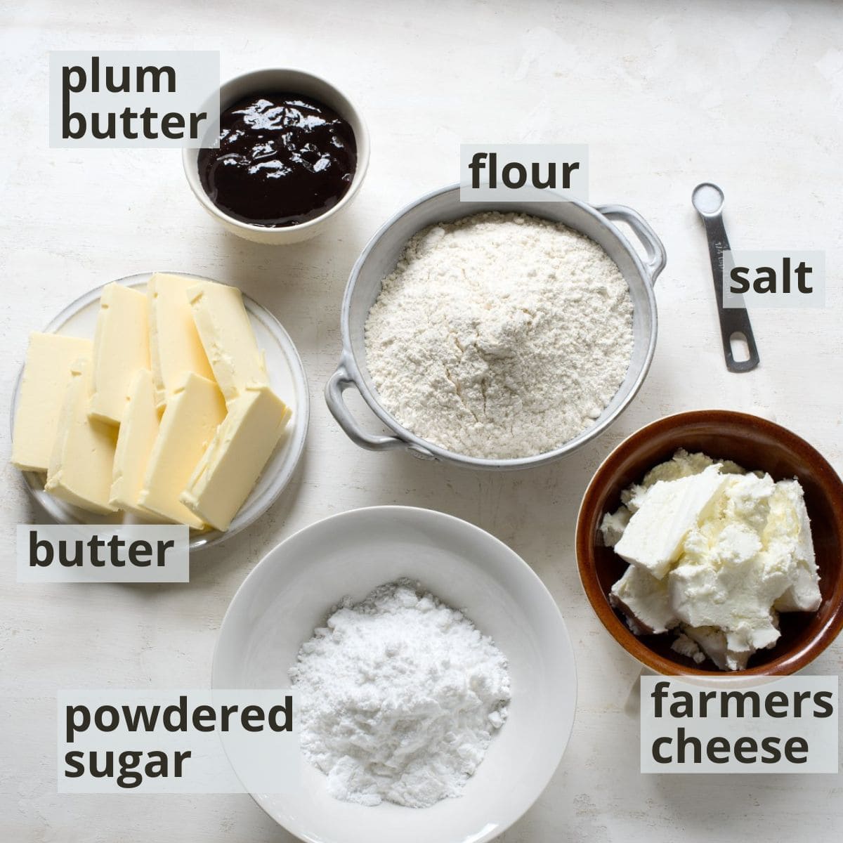 Labeled ingredients for Czech sweet pastry of tvaroh farmers cheese dough, fille dwith plum butter.