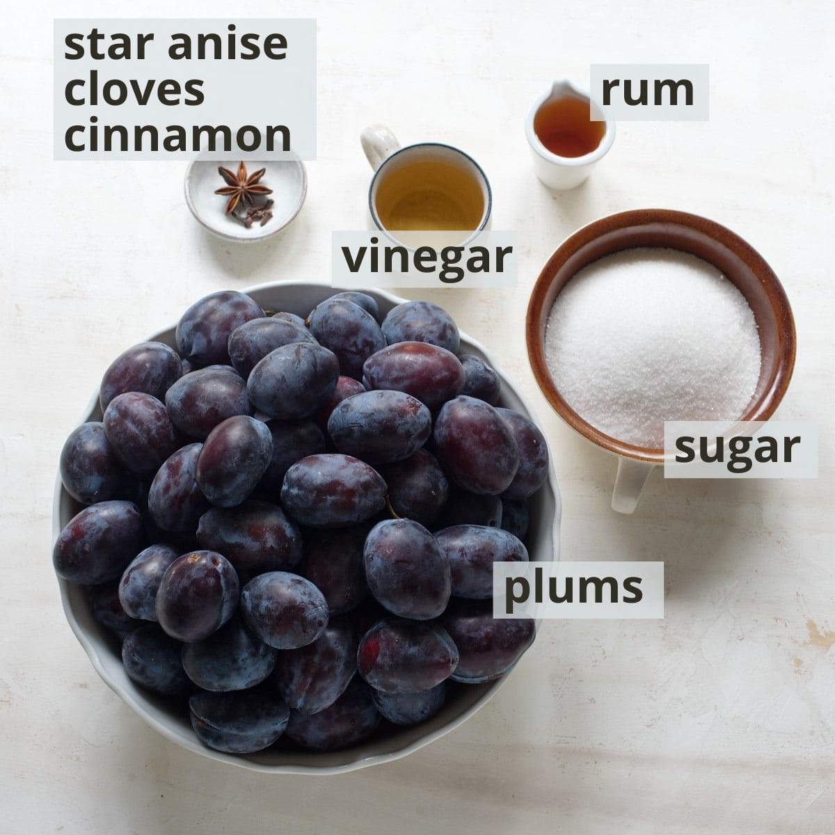 Labeled ingredients for plum butter - Czech povidla.