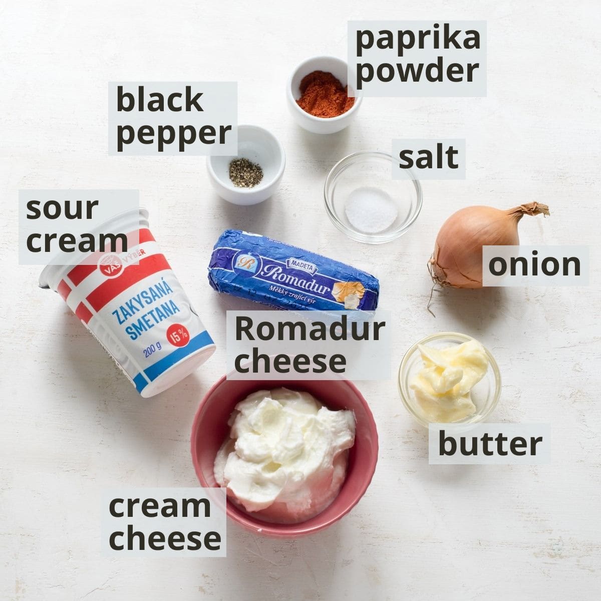 Labeled ingredients to make Czech Romadur bread spread.
