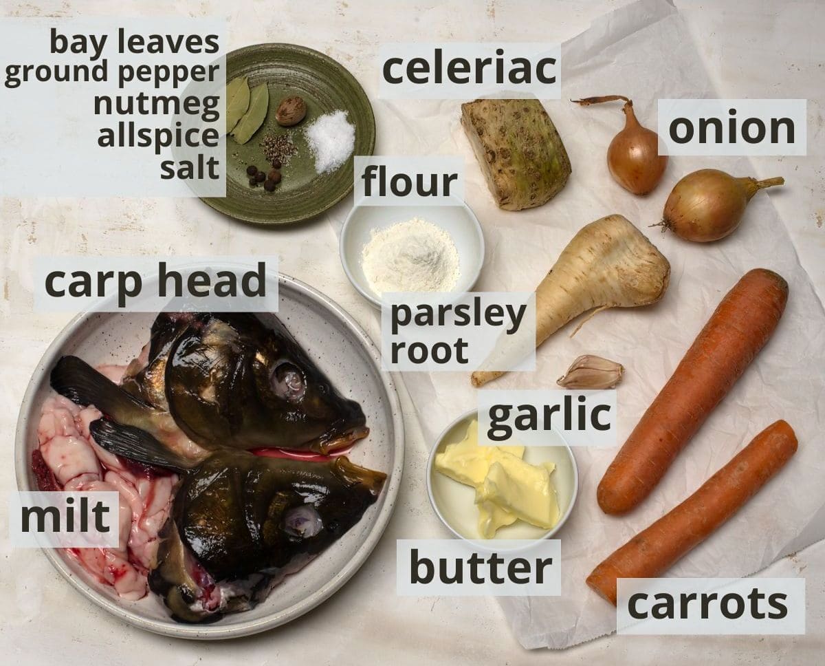 Labeled ingredients for Czech fish soup (kapří polévka).