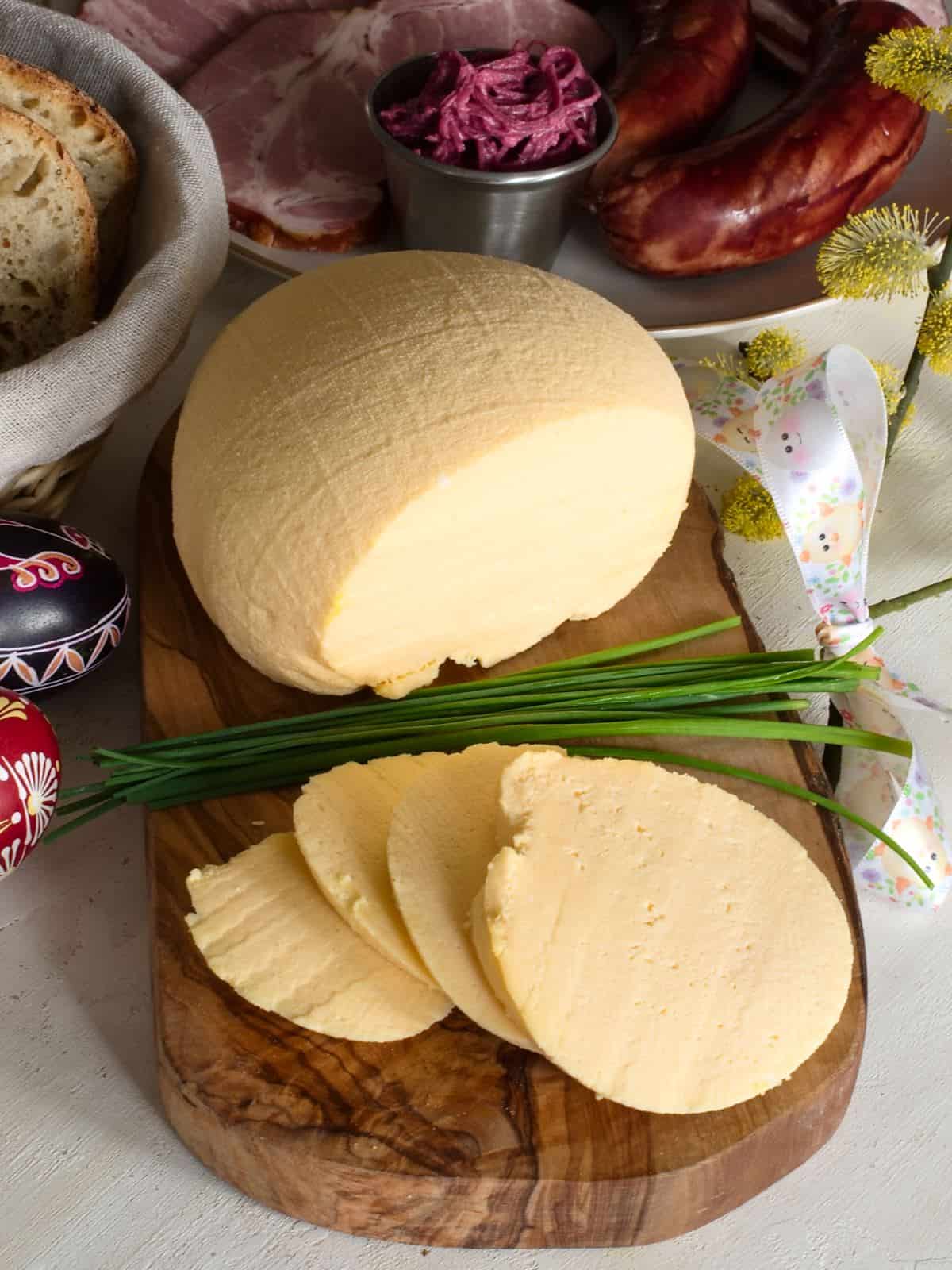 Slovak Easter egg cheese - hrutka served with chive and sausages.