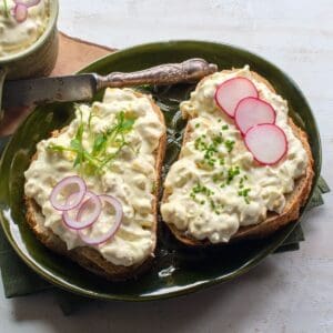 Czech egg salad (vajíčkový salát) topped on two slices of bread, garnished with red onion, radishes and greens.