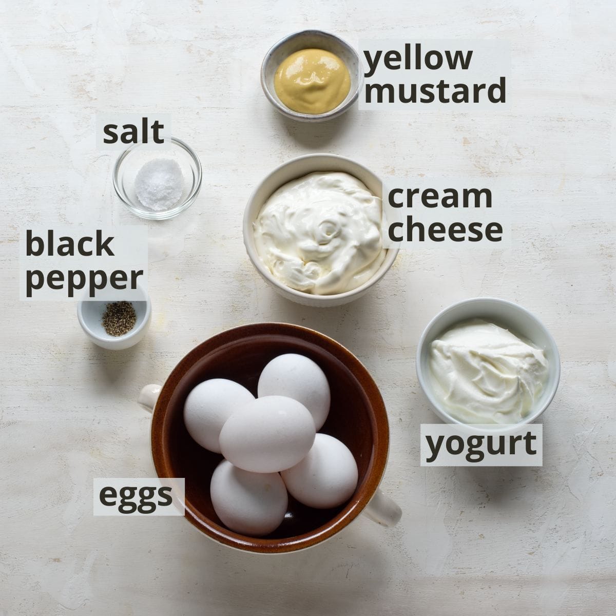 Labeled ingredients for egg salad.