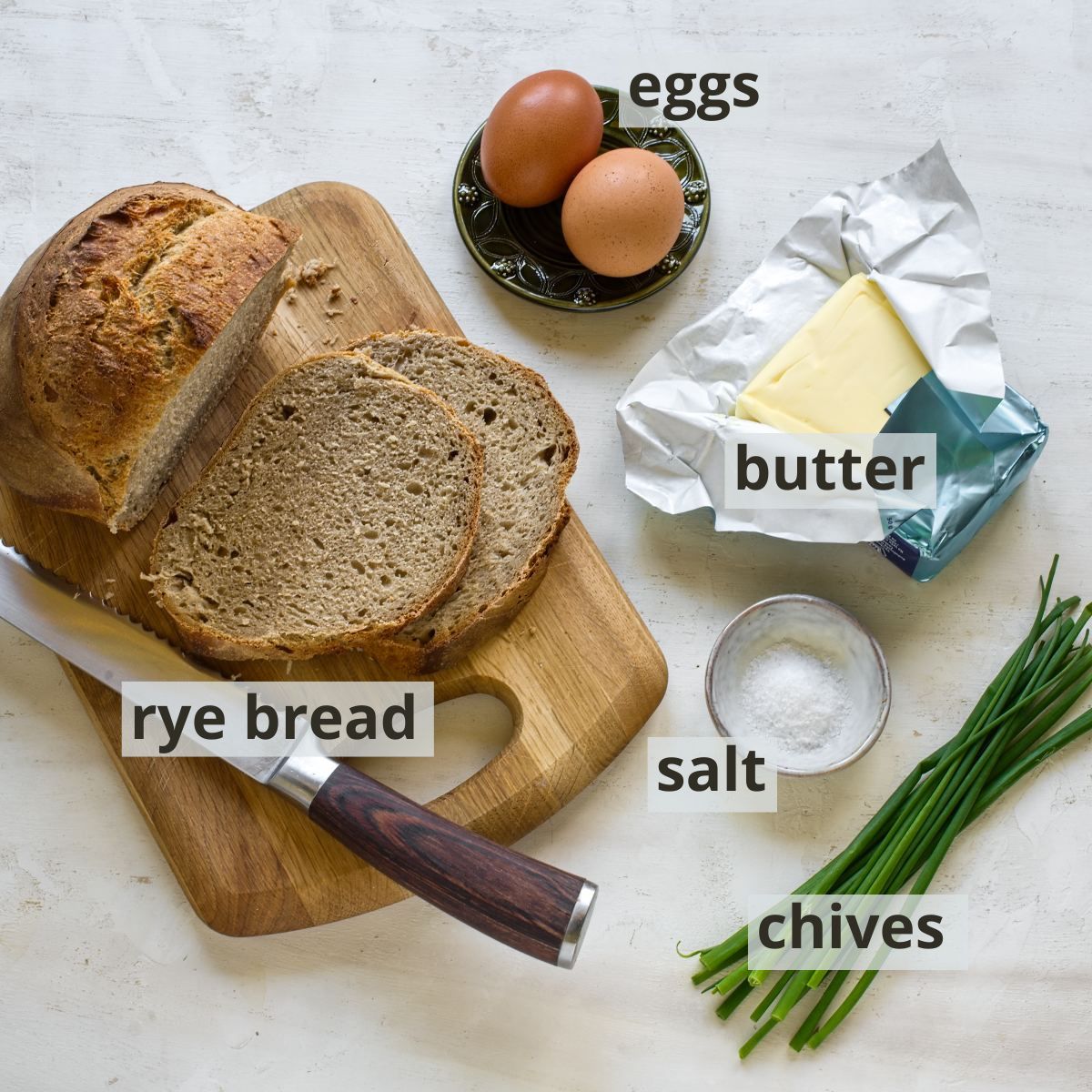Labeled ingredients for Czech egg bread sandwich.