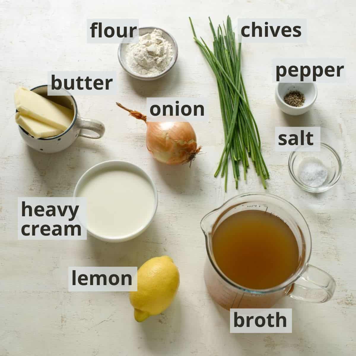 Labeled ingredients for chive sauce (Czech pažitková omáčka).