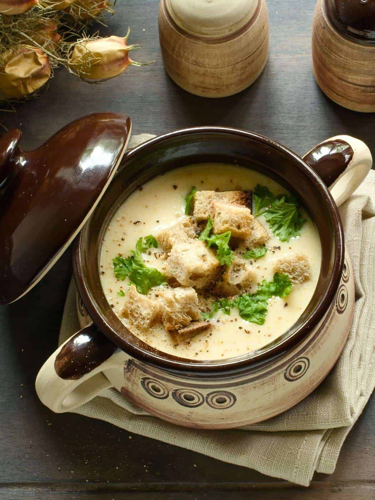 Czech beer soup (pivní polévka) served in a bowl.