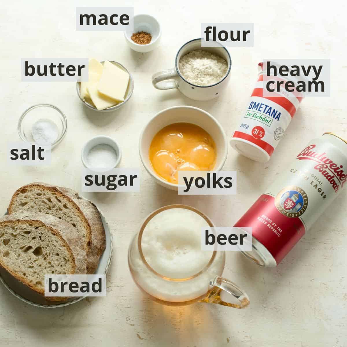 Labeled ingredients for Czech beer soup.