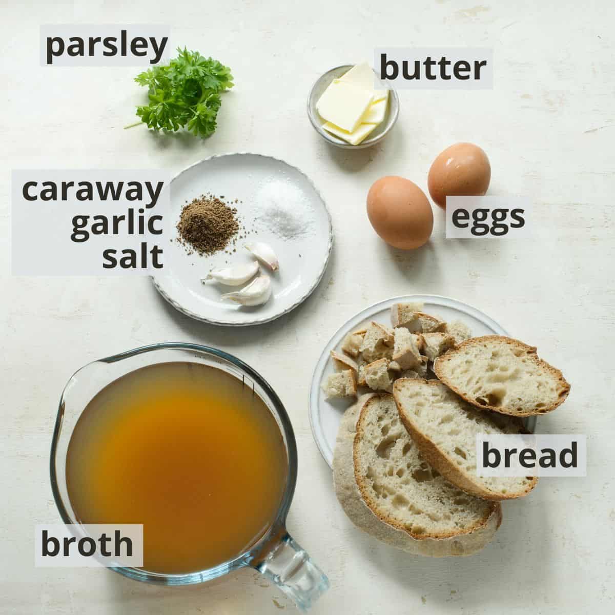 Labeled ingredients for Czech bread soup.