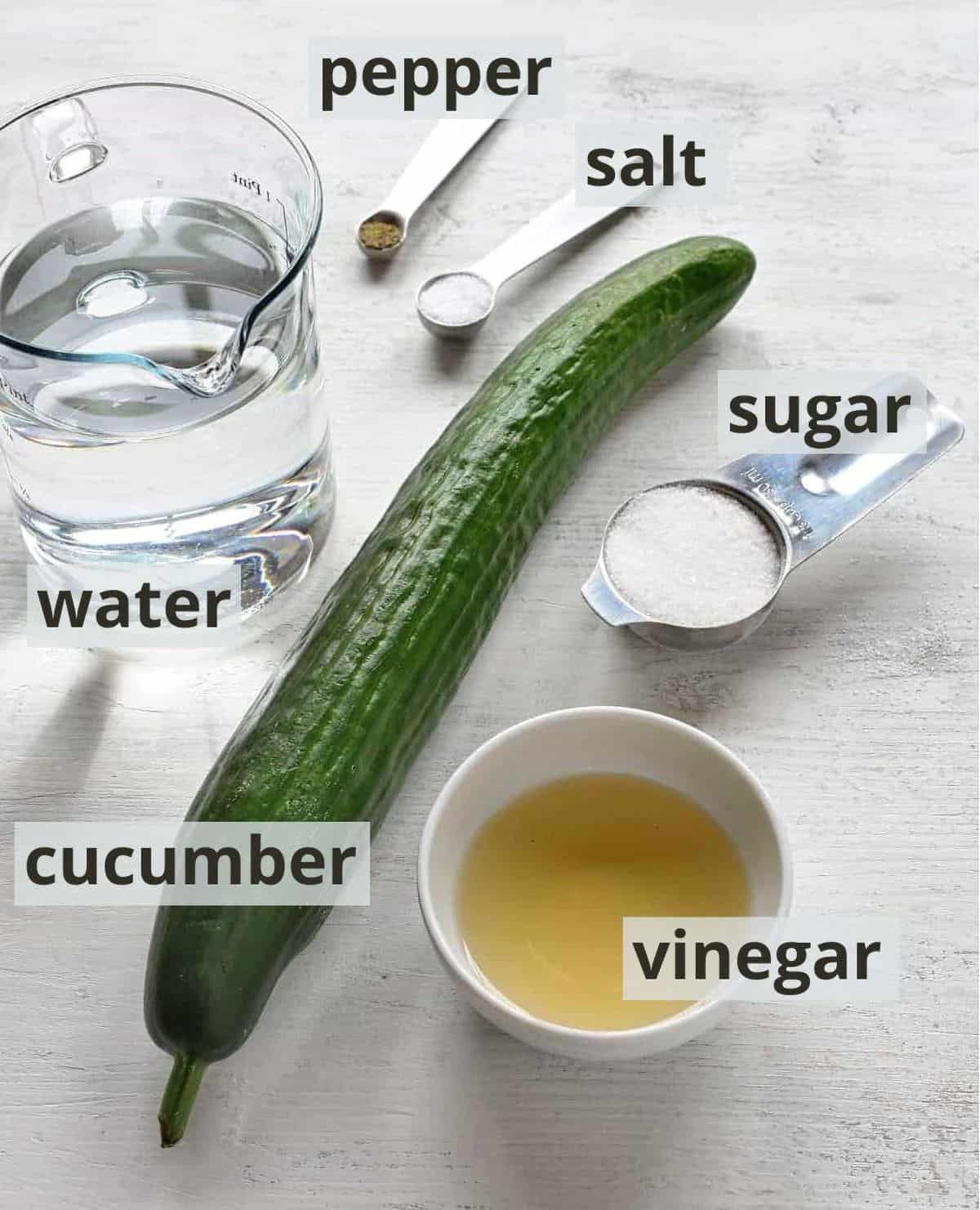 Labeled ingredients for Czech cucumber salad.