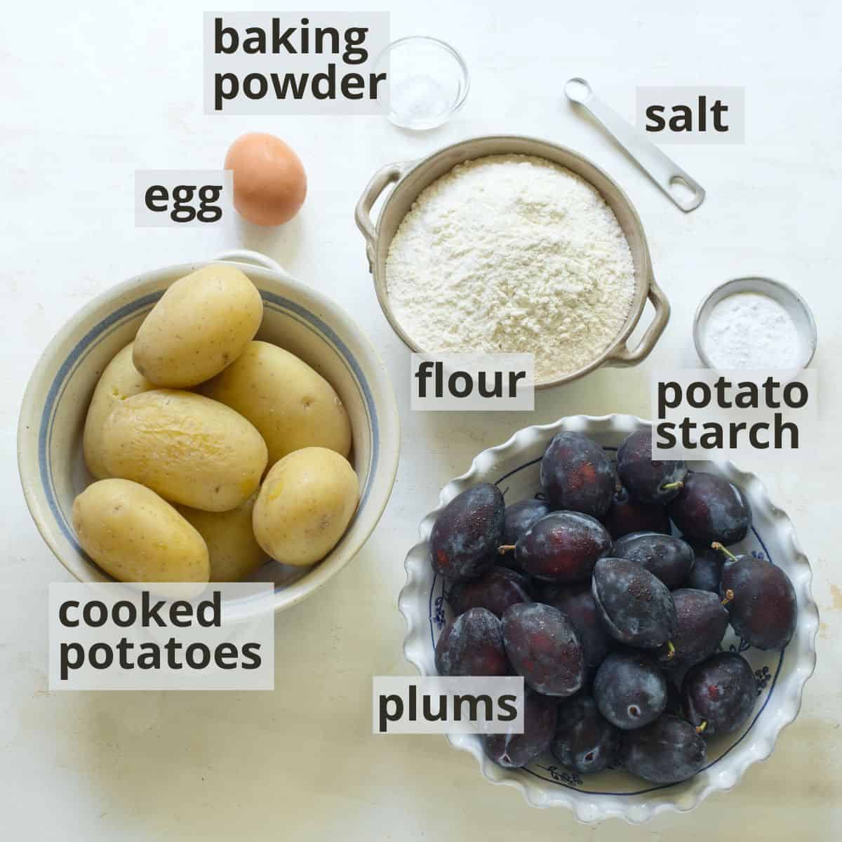 Labeled ingredients for Czech plum potato dumplings (švestkové knedlíky).